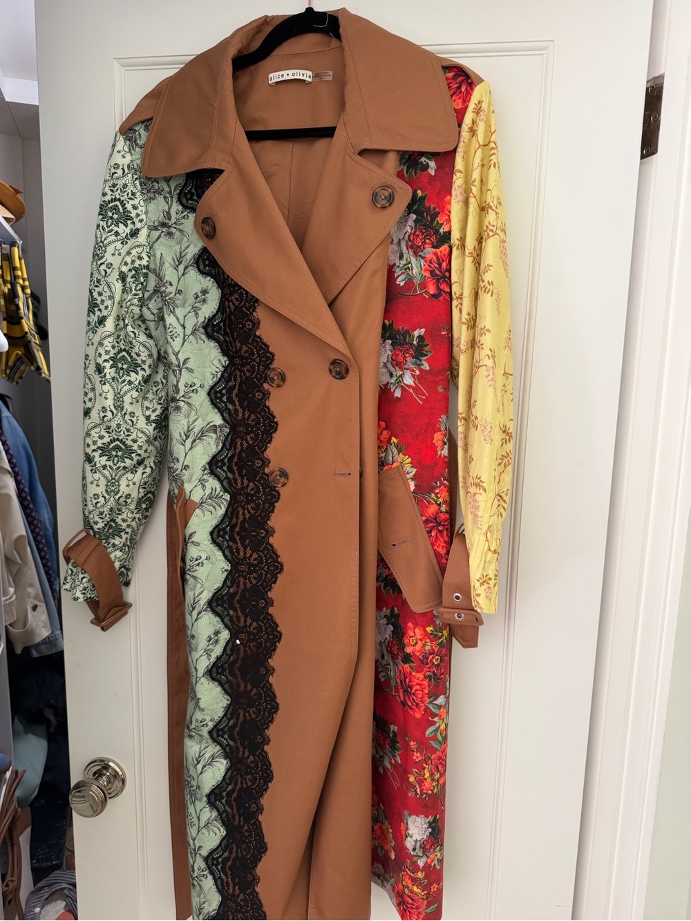 Alice + Olivia Brown Patchwork Floral Trench Coat with Red and Yellow Panels - Picture 2 of 9